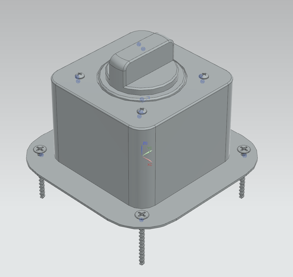 Angled view of the switch, housing and mounting plate